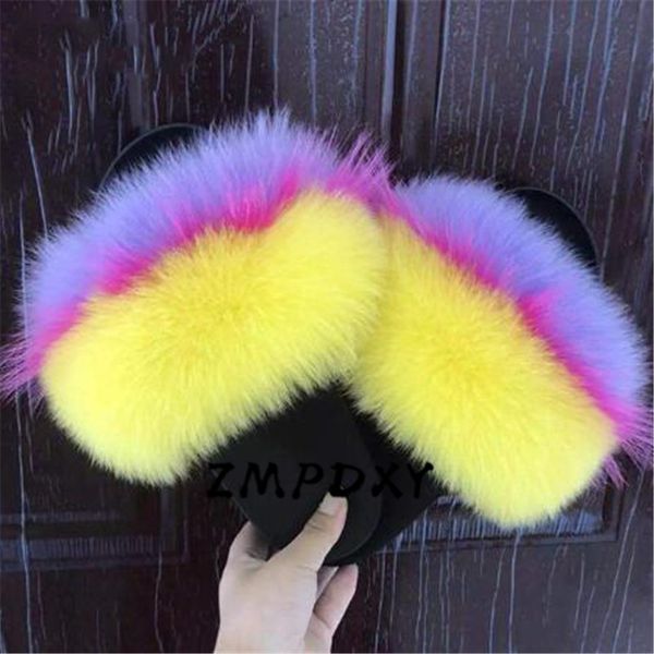 

women's real hair slippers kids/children's raccoon fur slides female plush flip flops ladies fluffy furry sandals eu28-45, Black