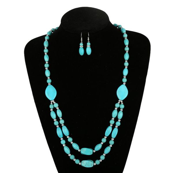 

5 set layer geometric shape green turquoise stone pendant link chain necklace drop earrings silver plated jewelry set