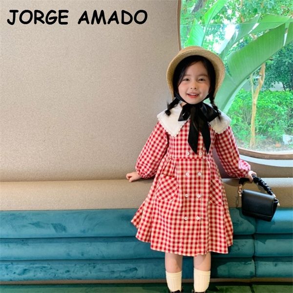 

2020 autumn new girls dress white collar red blue plaid cotton long sleeve princess dress for girls kid clothes e20207 0926, Red;yellow
