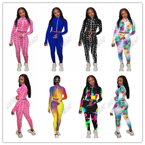 

women's two piece clothing set designer tracksuit full print tie-dye print zipper finger coat long sleeve jackets trousers outfits d813, Gray