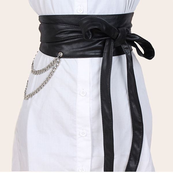

new retro personality women strap knotted waistbands black wide belt female chain cummerbunds dress skirt decorate corset belt, Black;brown