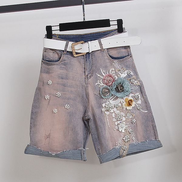 

women's jeans, floral beading jeans, summer fashion appliques floral half jeans, Blue