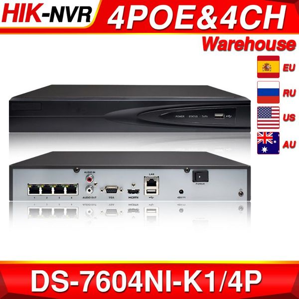 

hikvision original ds-7604ni-k1/4p 4ch poe embedded plug play 4k poe nvr for ip camera cctv system upgradable hdd selectable, Black;white