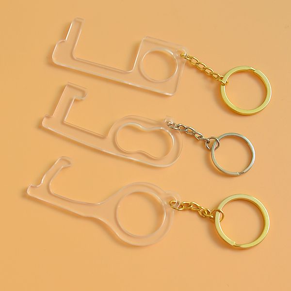 

acrylic keychains door opener non-touch elevator button tools portable metal keyrings rings pendant key holder car key chains accessories, Slivery;golden
