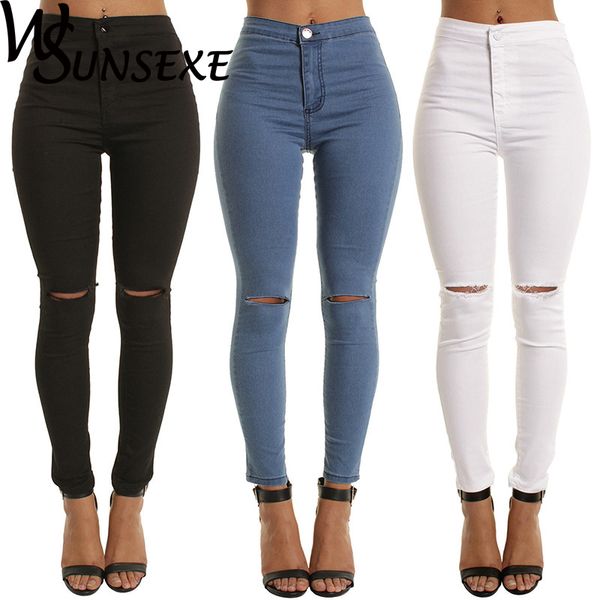 

women's jeans summer style white hole skinny ripped women jeggings cool denim high waist pants capris female black casual, Blue