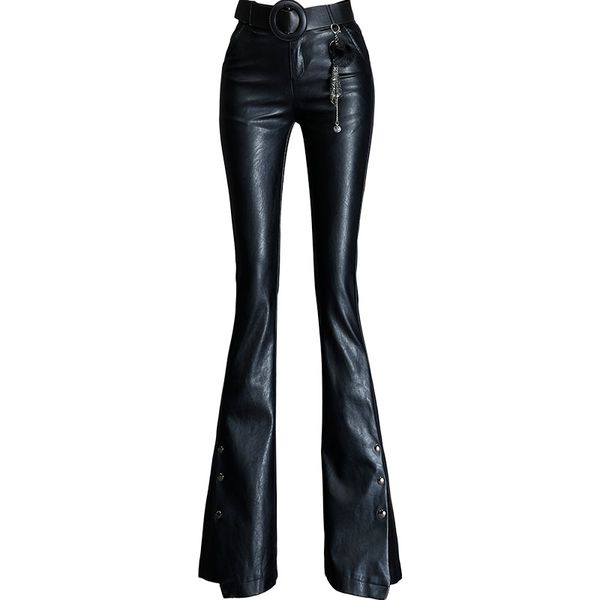 

high waist pu flare pants women pu trousers beading split faux leather pants casual legging dropshipping, Black