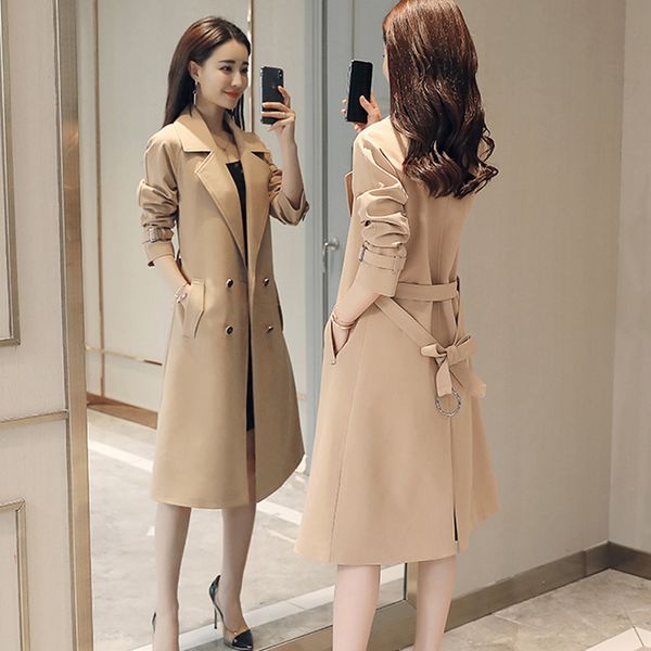 

spring autumn trench coat women's slim double breasted trench coat long women windbreakers plus size female overcoat mujer z846, Tan;black