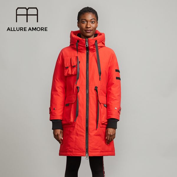 

allure amore hooded ladies puffer cotton coat long parka long white duck women down jacket warm work clothes oversize large size c0924, Black