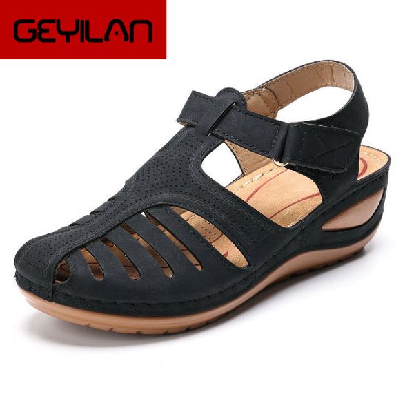 

woman 2020 summer leather vintage sandals buckle casual sewing women retro sandalias female ladies platform shoes 36-46, Black