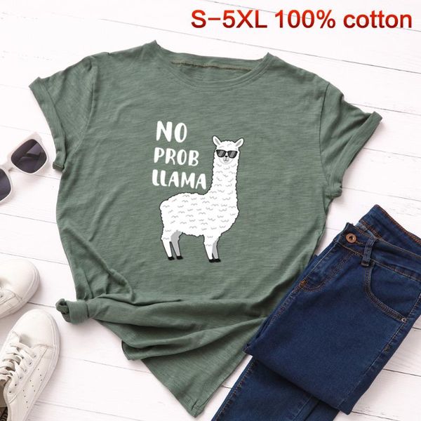 

women's t-shirt cute alpaca print harajuku t shirts summer basic tees plus size casual cotton o neck short sleeve women clothing, White