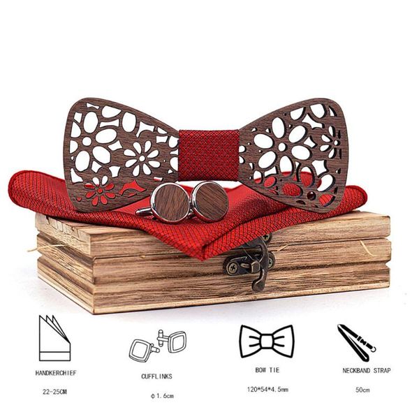 

neck tie set manual wooden bow handkerchief men's bowtie wood hollow carved and box ties for men gravata cravate homme, Black;blue
