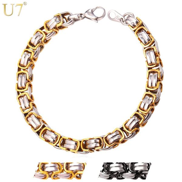 

u7 two-tone gold color mens chain byzantine bracelet&bangle hiphop stainless steel 9mm biker bracelet motorcycle jewelry h699, Black