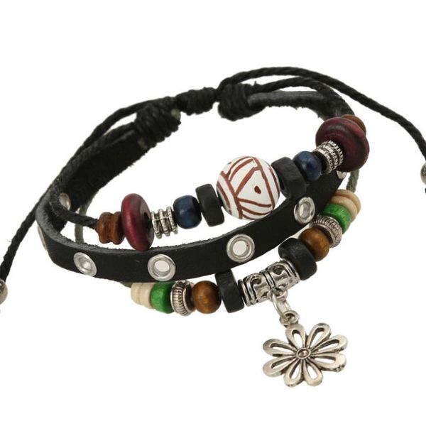 

fashion vintage flower beads casual bracelet adjustable multi-layer handmade leather charms bangle wristbands girl women jewelry, Golden;silver