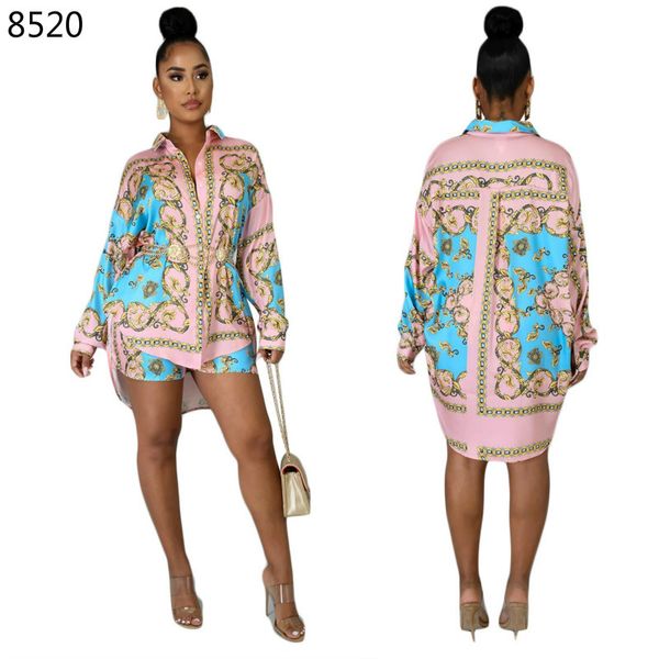 

summer 2 pieces set fashion women floral print long sleeve shirt elastic waist shorts set party club tracksuit clothes suit, Gray