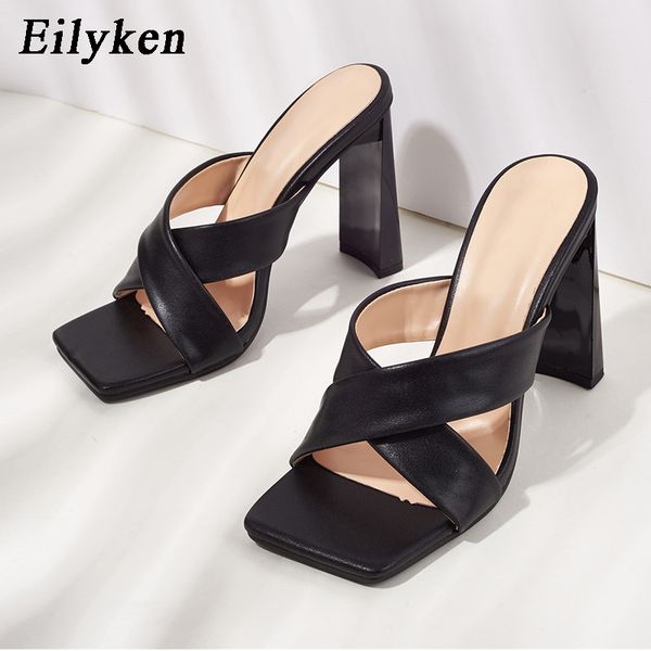 

eilyken new design cross pu leather womens slippers fashion thick high heels elegant square toe sandals shoes size 35-42, Black