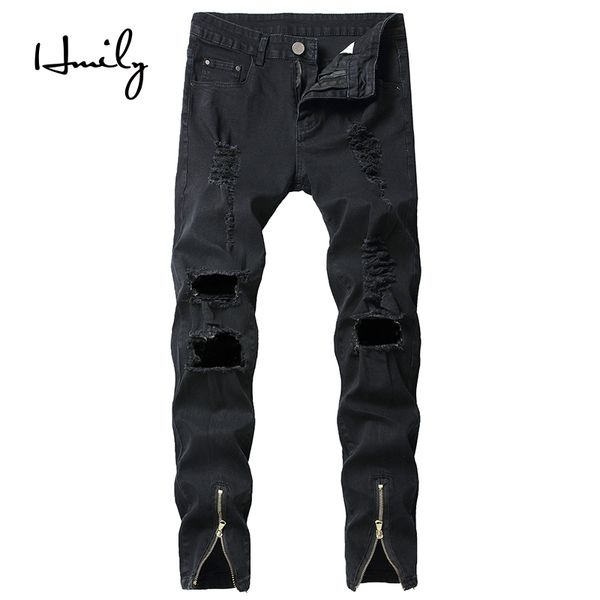

hmily mens cool designer black jeans skinny ripped destroyed stretch slim fit hop hop pants with holes for men big size, Blue