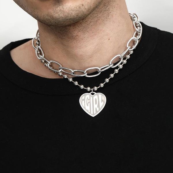 

lacteo neo gothic letter love heart pendant necklace street punk 2 pcs/set bead chain choker necklace jewelry for women and men, Silver