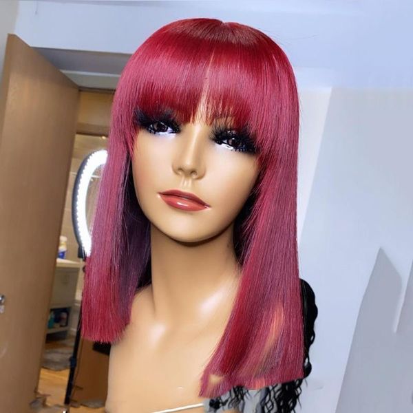 

150% short bob wig red fringe wig with bangs remy brazilian 13x6 t lace front human hair ombre closure for black women, Black;brown