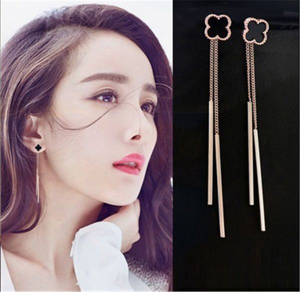 

temperament all-match tassel earrings 2020 new trendy net red four-leaf clover earrings ear clips long ear line pure silver earrings earring, Golden;silver