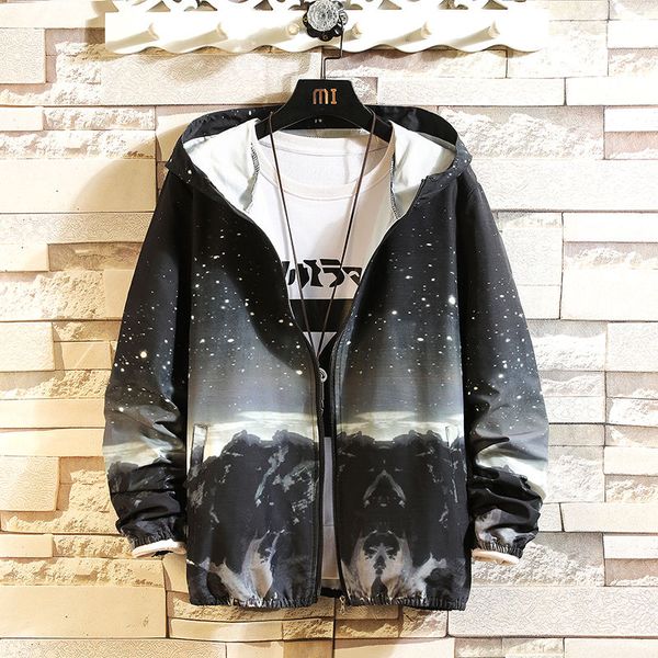 

new men's spring autumn jacket fashion galaxy printing hip hop streetwear men jacket coat hooded casual zipper outwear, Black;brown