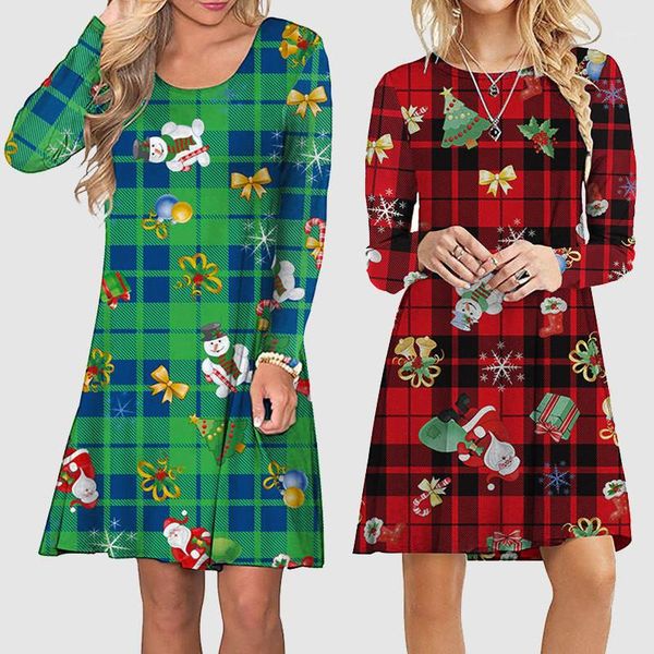 

plaid christmas snowman panelled print womens dresses casual females clothing christmas day womens casual dresses designer, Black;gray