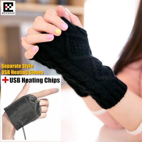 

120p winter warm girl student homework separate style usb heating gloves,women office hand back heated knitted fingerless gloves, Blue;gray