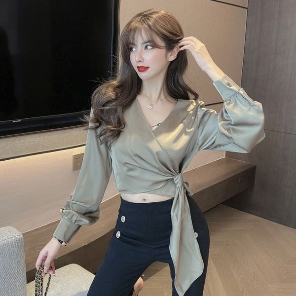 

women dreses2020 early autumn new korean style simple solid color temperament all-match slim cross v-neck satin shirt women, White