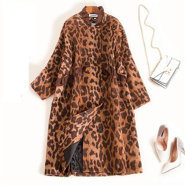 

2020 winter women woolen coat leopard jacket korean loose wool blend coat oversize female long outwear r1159, Black