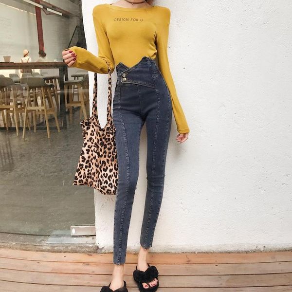 

european fashion lady jeans irregular cut waist buttons up skinny legs elegant cotton spandex women denim pants, Blue