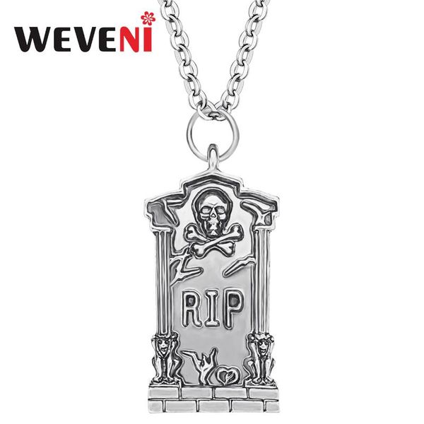 

weveni halloween alloy plated antique gold tombstone necklace long skull pendant jewelry for women girls classic gift decoration, Silver