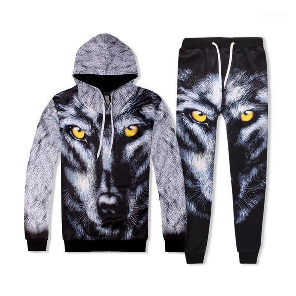 

hoodies long pants 2pcs sets males clothing 3d digital print mens designer tracksuits fashion wolf face, Gray