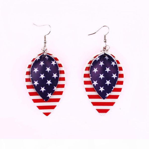 

american flag pu leather earrings red and white stripes and blue stars usa flag leaves teardrop and round shape leather statement earrings, Silver
