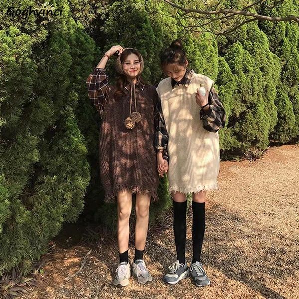 

women's vests sweater vest women solid knitted long tassel simple oversize ulzzang sleeveless sweaters female sweet girls leisure trend, Black;white