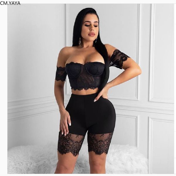 

2020 women sets summer tracksuits lace slash neck crop shorts suit two piece set night club party street 2 pcs outfits gl308, White