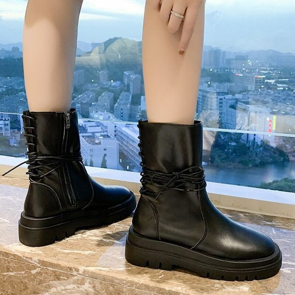 

winter boots women mid calf boots ladies fashion pu leather zipper non slip motorcycle shoe plush warm fashion woman shoes 2020, Black