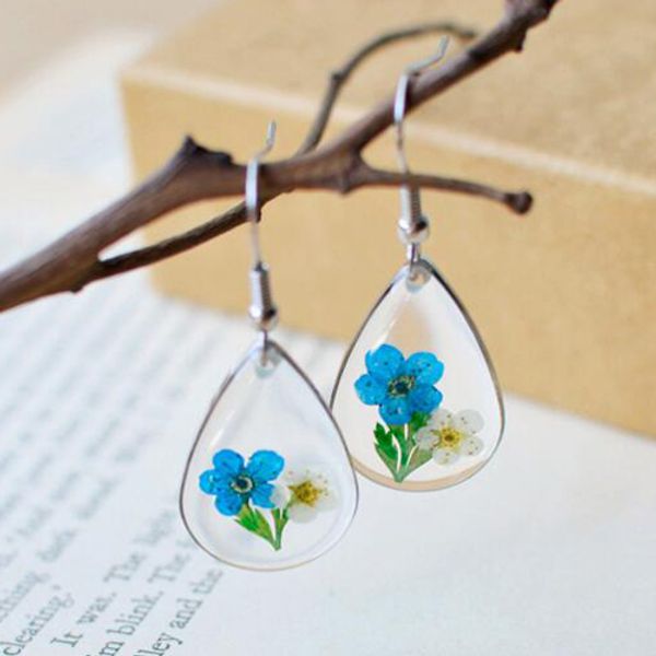

1pair real plant dry flower waterdrop pressed flower dangle earrings fashion woman ear jewelry accessaries, Silver
