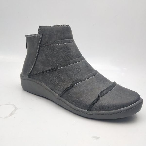 

women's round casual leather boots back zipper boots low heel shoes, Black