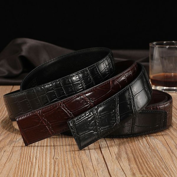 

headless men's belt cowhide crocodile pattern fashion leather pants leather pants all-match fashion automatic belt flqpb, Black;brown