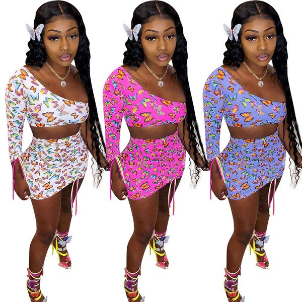 

women 2 piece dress set one shoulder long sleeve crop mini skirt set women designer clothing, White