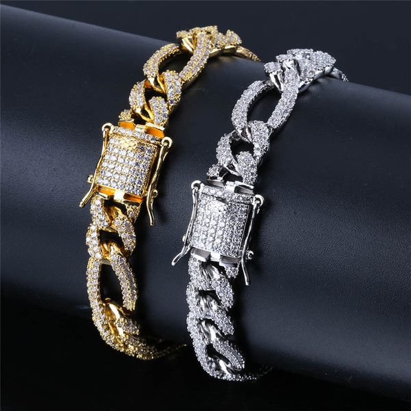 

iced zircon tennis chain bracelet men's hip hop jewelry copper material gold silver color box clasp cz bracelet link 7/8inch, Black