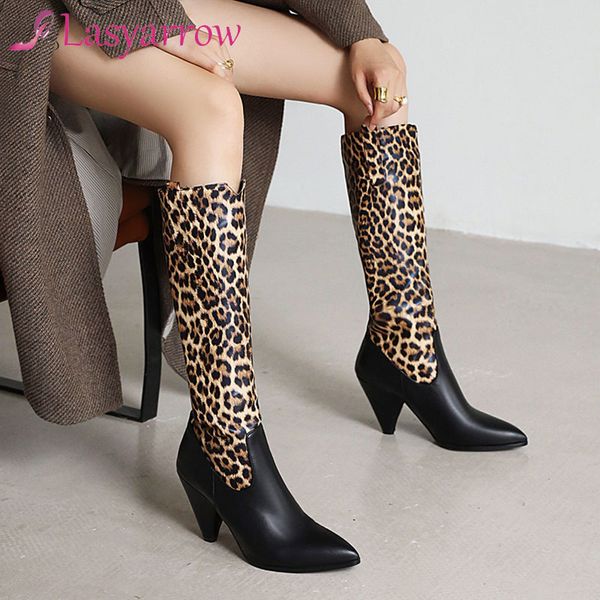 

lasyarrow мода конический супер высокий каблук сапоги leopard камуфляж лоскутная mid теленок long knight женщина boots дамы зимы обуви, Black