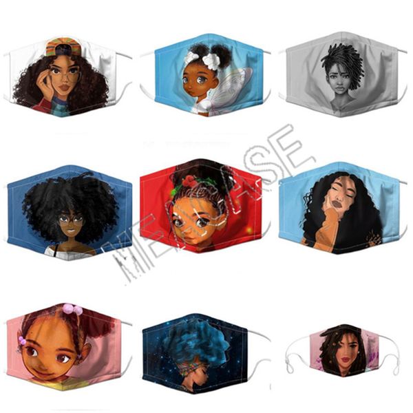 

afro girls face mask 3d cartoon print designer brand masks with pm2.5 filter slot washable reusable double layers mouth cover 10pcs d81303, Blue
