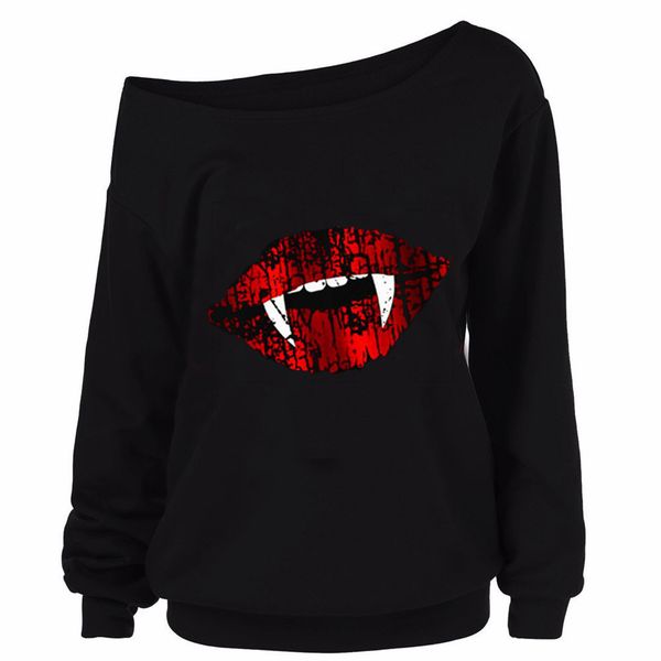 

women halloween one shoulder hoodies long sleeve loose sweatshirt famale autumn clothes, Black