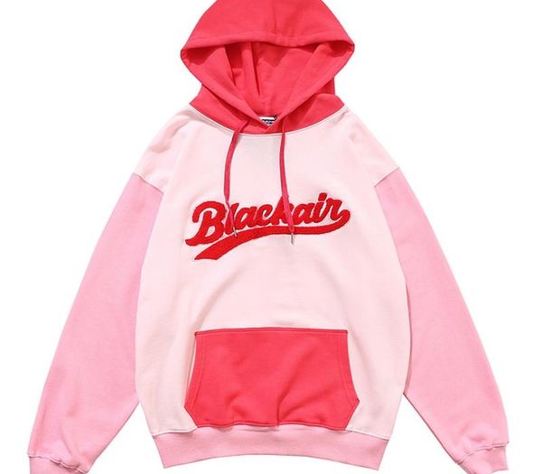 

hiphop letter embroidery patchwork hoodie color block sweatshirts mens 2020 autumn oversize 100%cotton loose hoodies, Black