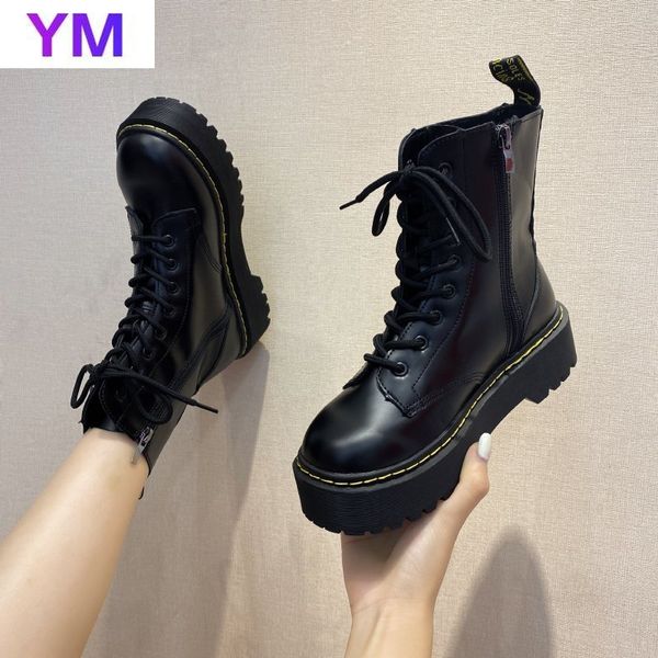

2020 women's round toe platform boots lace-up women shoes black white leather mid-calf bootsthick bottom motorcycle boots
