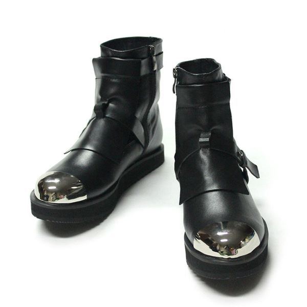 

classic new design natural leather men ankle boots thick bottom round head steel toe boots zip safety shoes mens increase 6 cm, Black