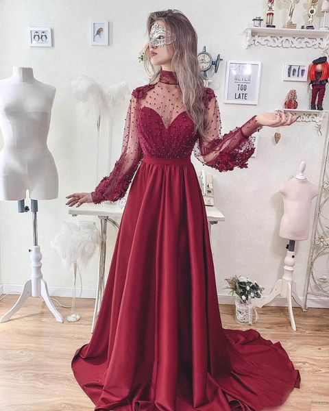 

new burgundy a line elegant halter evening dresses long pearls illusion party dress robe de soiree, Black;red