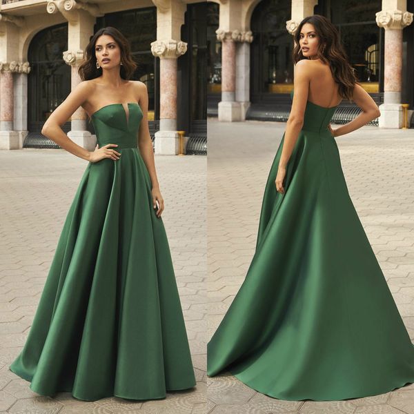 Jägergrüne Designer-Abendkleider, trägerloses Satin-Abschlussballkleid, maßgeschneidertes Sweep-Zug-Partykleid, kostenloser Versand