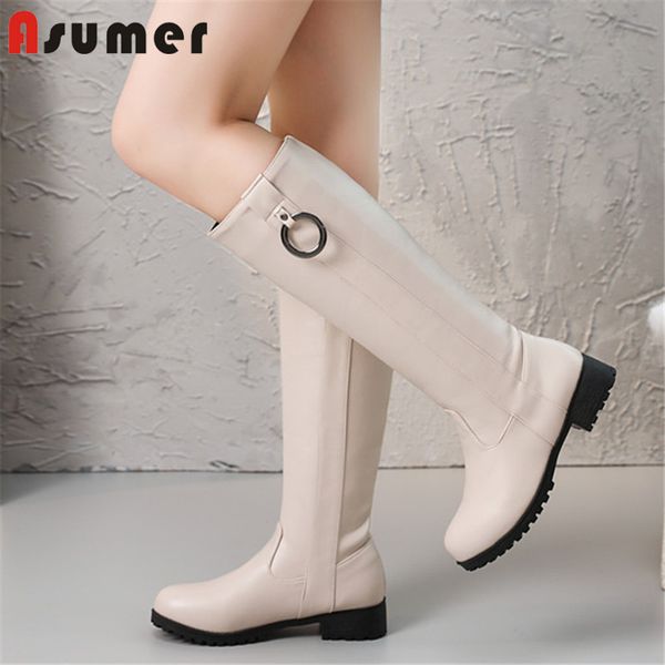 

asumer riding boots 2020 fashion knee high boots women metal decoration round toe autumn winter low heels shoes ladies, Black