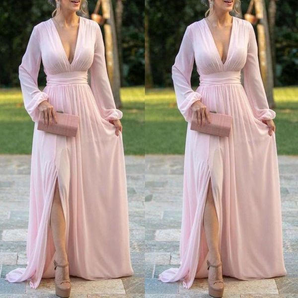

2020 light pink chiffon evening dresses deep v neck long sleeves prom dress side split a line bride party gowns, Black;red